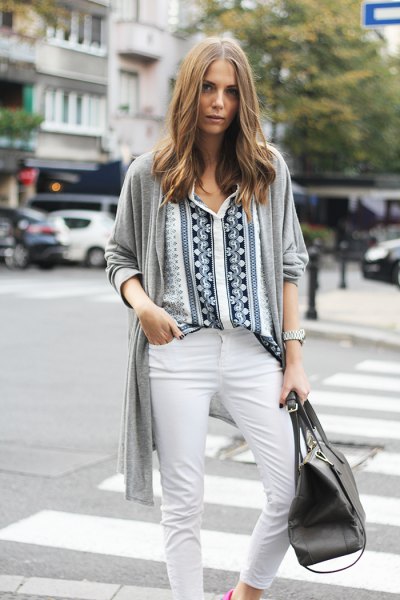 camasa alb-negru cu imprimeu tribal cu cardigan gri