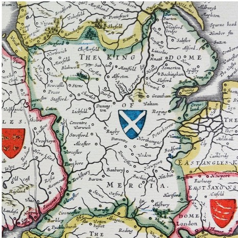 Scutul Merciei, din Heptarhie;  un nume colectiv aplicat regatelor anglo-saxone din sudul, estul si centrul Angliei in timpul antichitatii tarzii si al Evului Mediu timpuriu, Detaliu dintr-o harta antica a Marii Britanii, de catre cartograful olandez Willem Blaeu in Atlas Novus (Amsterdam 1635) (Fotografia de: Universal History Archive/UIG prin Getty Images)