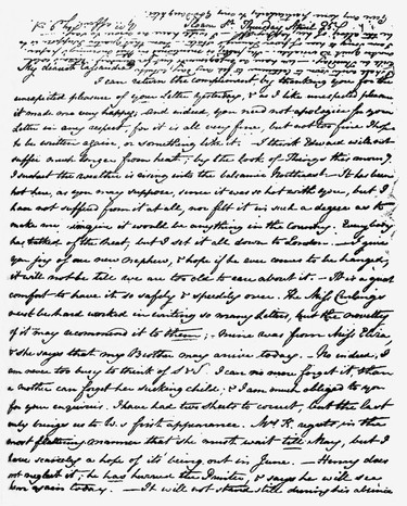 Scrisoare de la Jane Austen catre Cassandra Austen Scrisoare de la Jane Austen catre Cassandra Austen (sora ei mai mare).  Manuscris de mana.  JA: romancier englez, 16 decembrie 1775 - 18 iulie 1817. CA: acuarelist englez amator, 9 ianuarie 1773 - 22 martie 1845. (Fotografie de Culture Club/Getty Images)