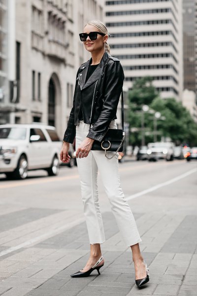 geaca de piele cu blugi albi taiati slim fit