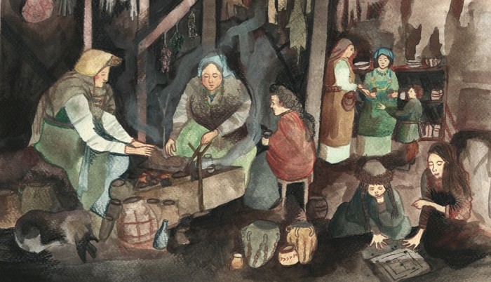 Femeile vikinge in casa.  (Ilustratii de Laura Grace Haines)