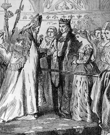 O ilustratie care ii arata pe Henric al VII-lea si Elisabeta de York la altarul de nunta